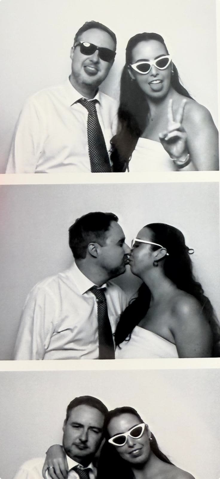 Photo-booth strip: sunglasses, a kiss, a cuddle